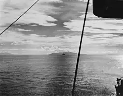 Ironbottom Sound, Savo Island (center), and Guadalcanal (left) on 7 August 1942, the day Allied forces landed on Guadalcanal and Tulagi