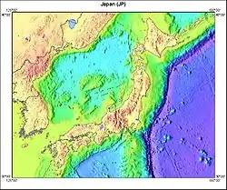 A topographical map of Japan and the surrounding ocean and landmasses, showing different elevations with different colors