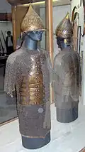 Turkish conical helmets and body armour of 15th to early 16th century, displayed at Topkapı Palace, Istanbul, Turkey.