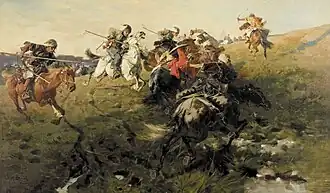 Painting of Zaporozhian Cossacks fighting against Crimean Tatars on horseback with spears and bows and arrows