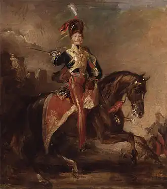 painting of man wearing a British 19th-century cavalry uniform astride a black horse