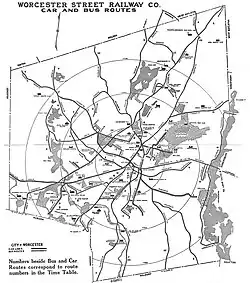 Map of bus routes and streetcar lines in Worcester