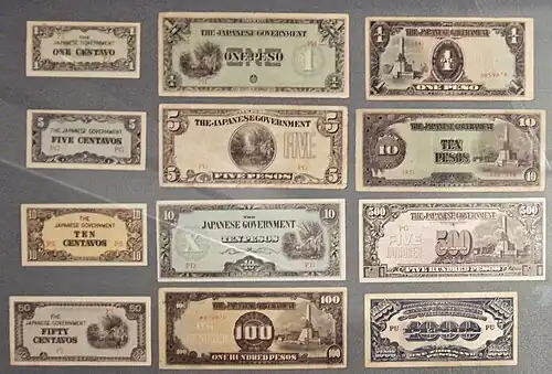 Japanese Government Asian banknotes distributed during the World War II, specifically to the Philippines