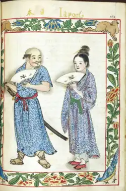 Japanese samurai couple wearing yukata with the woman's hair styled in Chinese fashion: 32