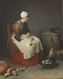 Woman Cleaning Turnips (ca. 1738), oil on canvas, 46.2 x 37 cm., Alte Pinakothek