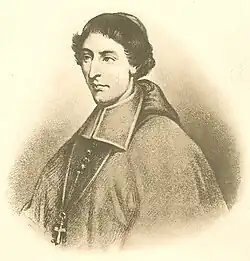 Black and white illustration of a man with wavy hair, wearing a zucchetto, liturgical vestments, and a pectoral cross facing left.