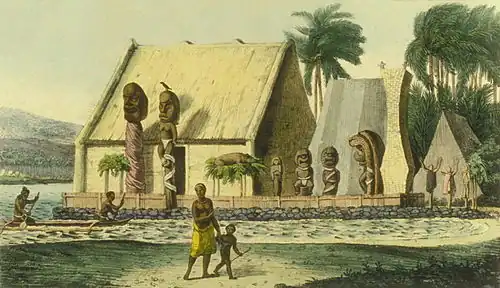 Image 34A depiction of a royal heiau (Hawaiian temple) at Kealakekua Bay, c. 1816 (from Polynesia)