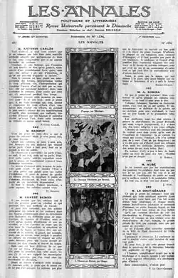Jean Metzinger, 1910–11, Paysage (whereabouts unknown); Gino Severini, 1911, La danseuse obsedante; Albert Gleizes, 1912, l'Homme au Balcon, Man on a Balcony (Portrait of Dr. Théo Morinaud). Published in "Les Annales politiques et littéraires", Sommaire du n. 1536, décembre 1912