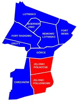 Location of Jelonki within the district of Bemowo, in accordance to the City Information System, which divides the neighbourhood into two areas, Jelonki Północne and Jelonki Południowe.