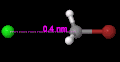 An SN2 reaction animated displaying the distance measured between the chlorine and carbon atoms.