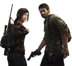 Artwork of a teenage girl, with brown hair. She has a backpack, with a sniper rifle strapped to her side, and is standing beside a man in his 40's, who has brown hair and beard, and a revolver in his right hand.
