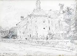 A lightly rendered pencil sketch of the rear and east façades of the house