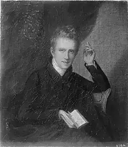 Black and white rendering of an oil painting of a young white man of slight frame with white hair