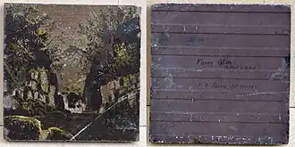 An image painted on a slate tile depicting a scene from the Fairy Glen, Betws Y Coed