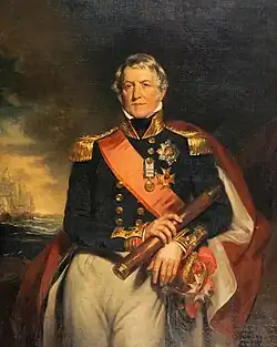 Portrait of a white male with grey hair wearing a blue naval uniform with medals and a red sash; he holds a telescope in his right hand and has a sword on his left hip