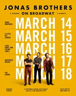The image features a yellow background the words "Jonas Brothers on Broadway", "5 albums", "5 nights" written in black at the top. At the center are the band members (from left: Nick, Kevin and Joe). In the background, written in white font, are the concert dates (from March 14 to 18) and the corresponding album for each date.