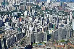 Aerial view of Jordan, with Austin Station in the lower part of the picture. The colorful building is Kwun Chung Municipal Services Building.