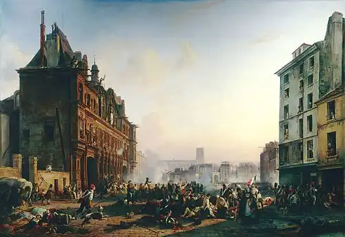 Events at the Hôtel de Ville (left) during the July Revolution, by Joseph Beaume. Two wings were built a few years later.