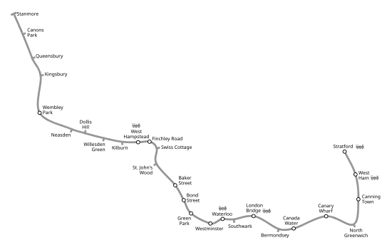 Geographically accurate path of the Jubilee line