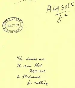 Sheet of paper on which "The Juwes are the men that will not be blamed for nothing" is written in cursive script