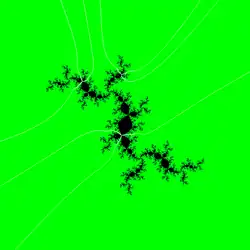 Julia set with external rays landing on period 3 orbit