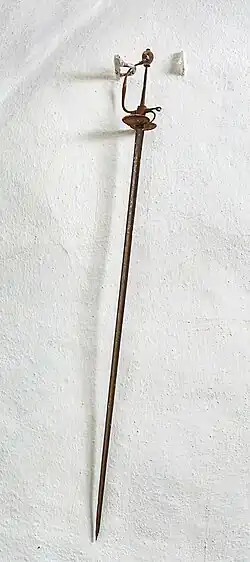 The épée, believed to have belonged to Axel Juel, hung on the wall in Landet Church