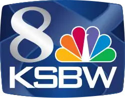 Inside a television screen shape, a serif 8 in silver next to the NBC peacock and the letters K S B W in a white, square sans serif beneath.
