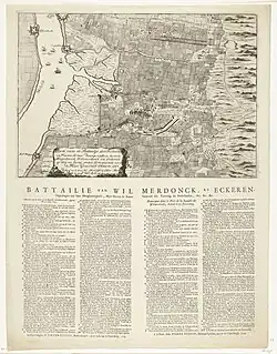 Dutch map and description of the Battle of Ekeren, produced in 1703