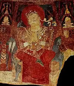 The triple-crescent crown in the "Hunter King" mural from Kakrak (7th-8th century CE) has been compared to the triple-crown in some of the coinage of Afghanistan.[1][3] Wall paintings from the 7th-8th century, Kabul Museum.[4]