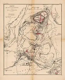 Map of Tel Megiddo and Lajjun in 1905. The village is at the dark knee of the stream