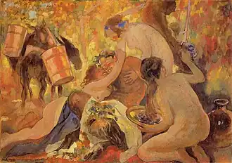 History painting: Bacchanalia; 1924, tempera on cardboard, 69 × 98 cm, Lviv National Art Gallery.