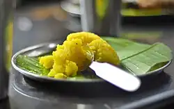 Kesari bath is traditionally served on a banana leaf in Southern India.