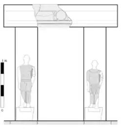 Line illustration of a sanctuary entrance, showcasing two statues and a door lintel