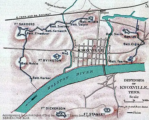 Map shows Knoxville defenses in late 1863.