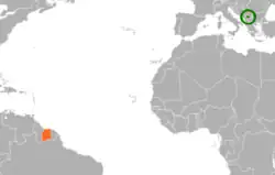 Map indicating locations of Kosovo and Suriname
