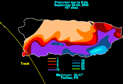 An image of the rain totals across Puerto Rico from Hurricane Kyle in 2008.