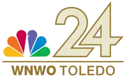 The NBC peacock next to a gold 24 in a geometric sans serif. Beneath is a horizontal line and the words W N W O Toledo in a sans serif, the former slightly bolder.