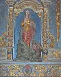 Retable of St Margaret (detail). St Margaret is shown trampling the dragon, which had previously swallowed her. She is the saint associated with pregnancy and childbirth.
