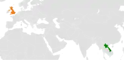 Map indicating locations of Laos and United Kingdom