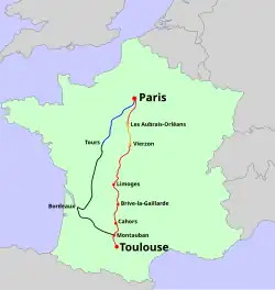 The route of Le Capitole (red and orange) and its TGV replacement (blue and grey)