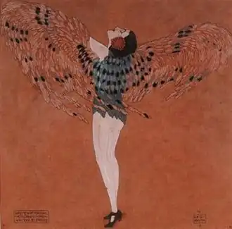 Wiesenthal dancing Johann Strauss II's Frühlingsstimmen. Hand-coloured illustration by Leo Rauth [de], 1910