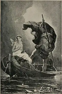 Psyche with butterfly wings, and Charon standing in his lunate boat