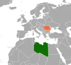 Map indicating locations of Libya and Romania