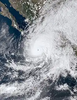 A photograph of Hurricane Lidia approaching the Pacific coast of central Mexico as a major hurricane on October 10, 2024.