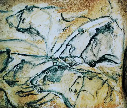Upper Paleolithic cave painting depicting cave lions, found in the Chauvet Cave, France[39]