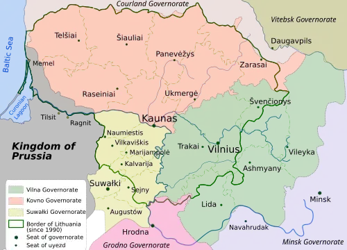Map of Lithuania around 1867–1914, with visible Polish–Russian border (Lithuania did not exist at that time)