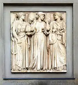 Representing commerce, Liverpool carries a bale of cotton. The figure on the left represents agriculture and that on the right carries a bowl as an example of manufactured goods.