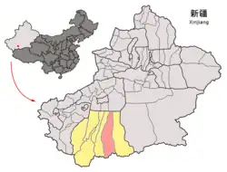Location of the county (red) within Hotan Prefecture (yellow) and Xinjiang