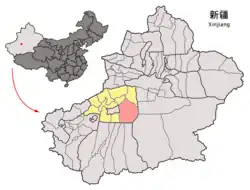 Location of Shayar County (red) within Aksu Prefecture (yellow) and Xinjiang