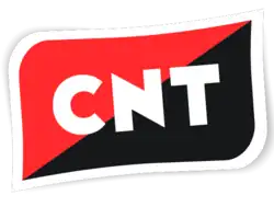 Logo of the CNT, featuring the red-and-black diagonal flag with the letters C.N.T. emblazoned on it